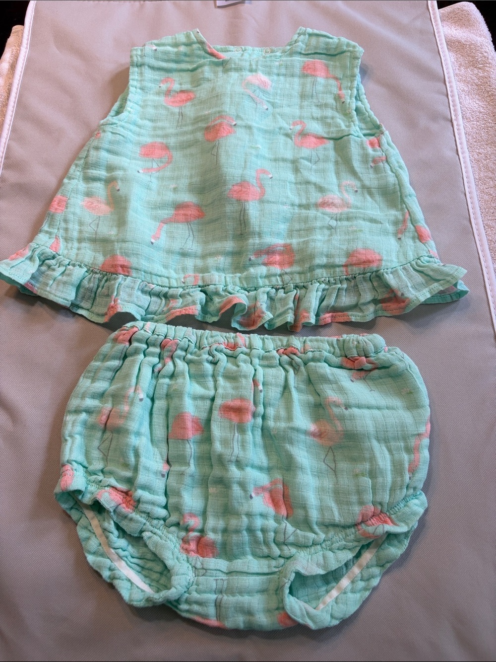 Angel Dear Mint Green and Pink Flamingo Ruffle Top & Diaper Cover Cotton Gauze